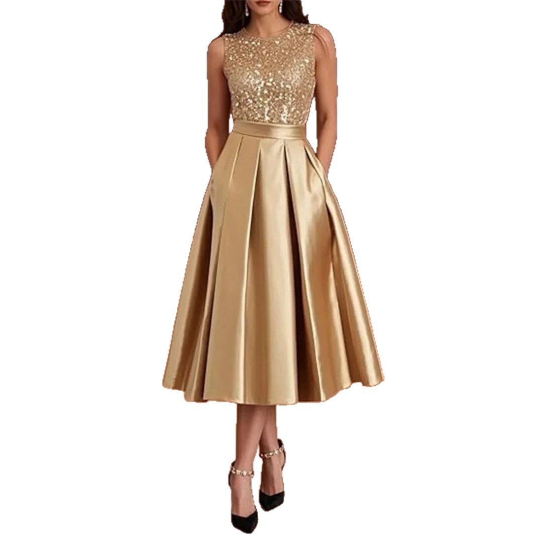 Midi Dress - Burgunderrotes Pailletten-Satin-Midikleid für Damen, ärmellos, rückenfrei,