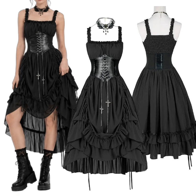 Midi Dress - Damen Gothic Kleid Korsett Slip Schwarz