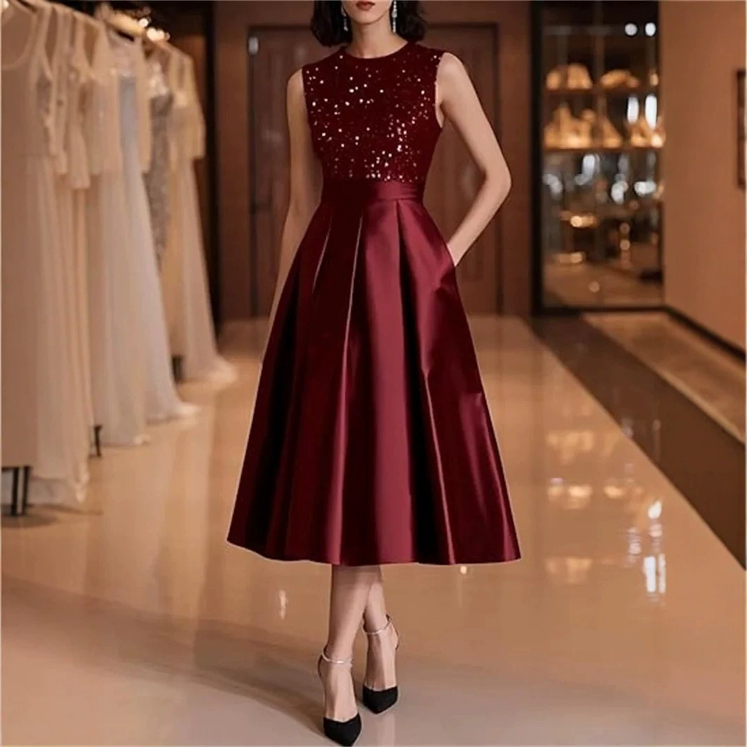 Burgunderrotes Pailletten-Sati – Midi Dress Bewertung und Preis